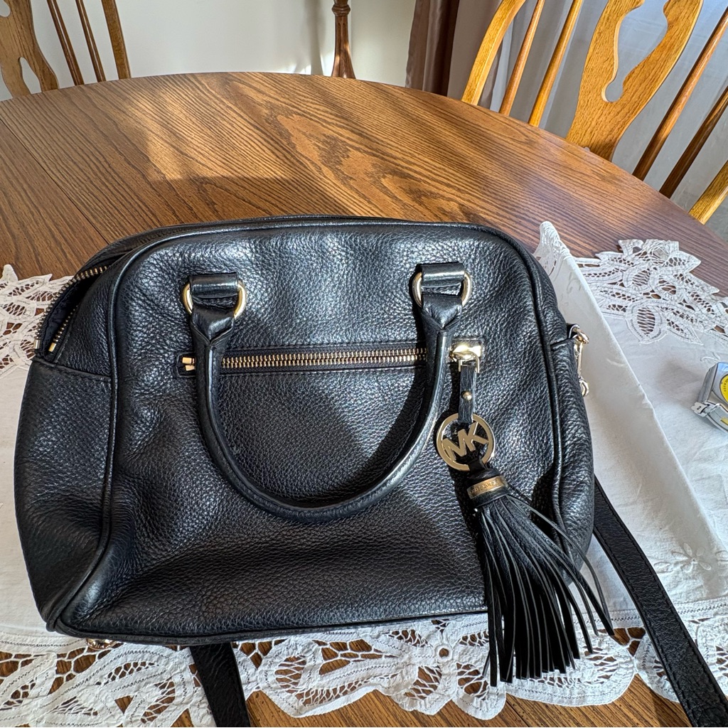 Michael Kors Black Pebbled Leather Satchel With Tassel Charm